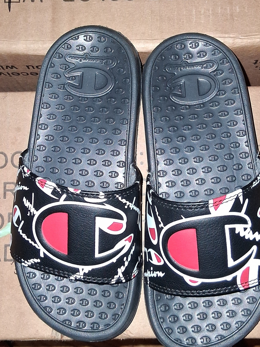 Champion Kids Black Slides with Red Logo Accents